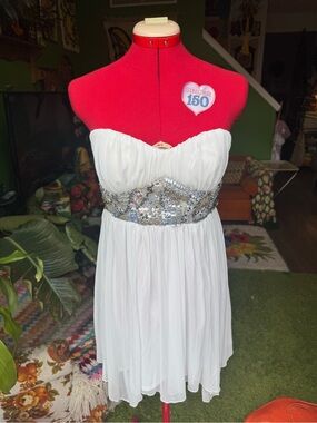 Strapless White Chiffon Dress with Sequin Waistband